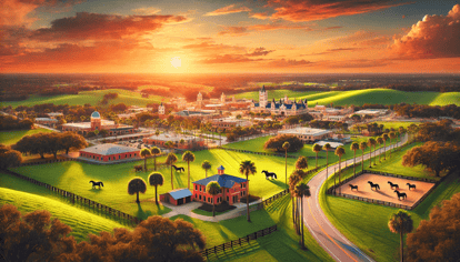 A panoramic view of Ocala, Florida, featuring rolling horse pastures, lush greenery, historic brick buildings, and a warm sunset over the city.