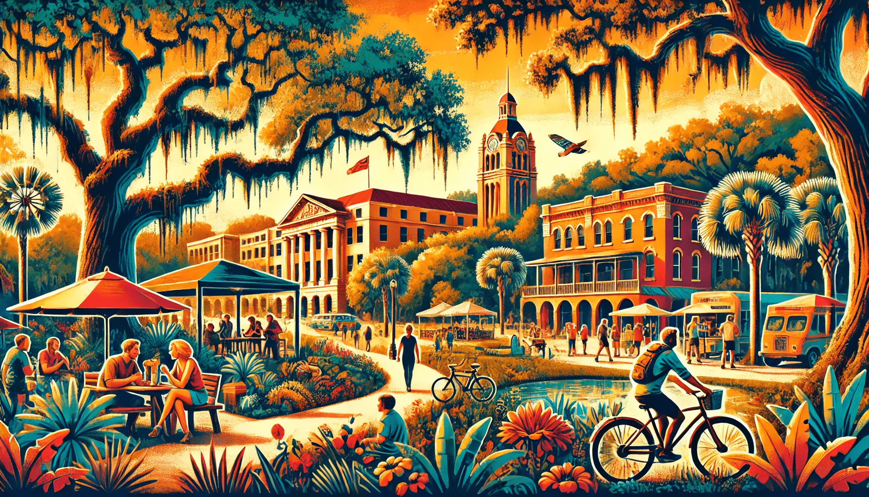 DALL·E 2025-03-09 21.35.11 - A vibrant, welcoming illustration depicting life in Tallahassee, Florida. Include iconic elements such as historic architecture, lush oak trees draped-min