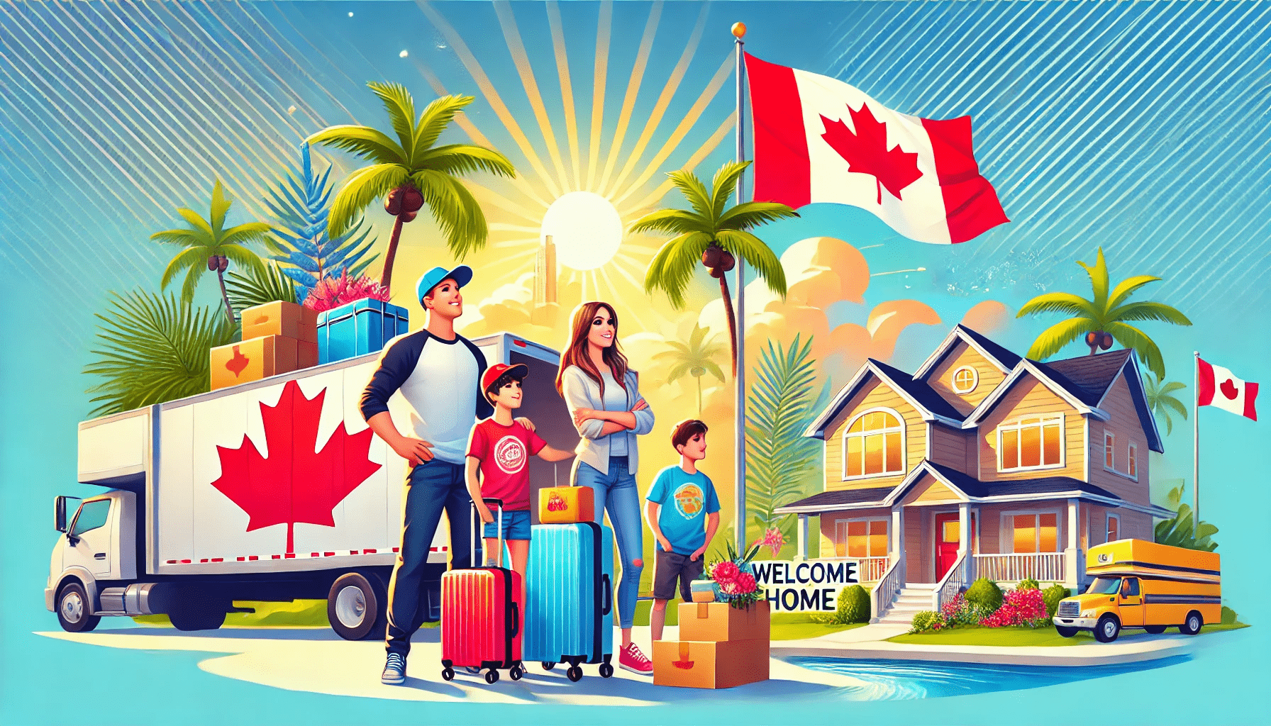 DALL·E 2025-03-11 14.05.48 - A vibrant digital illustration showcasing a Canadian family moving to Florida. The family, dressed in casual attire, stands beside a packed moving tru-min