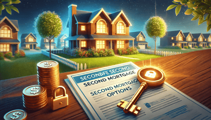  Illustration of a cozy suburban home with a glowing key, a document labeled 'Second Mortgage Options,' and gold coins in the foreground, symbolizing financial stability and HomeSafe Second.