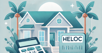 Featured image for an article titled 'Is a HELOC a Good Idea for Florida Homeowners? Pros & Cons 2024,' featuring a house with palm trees in the background and a subtle calculator icon, representing the HELOC concept for Florida homeowners.