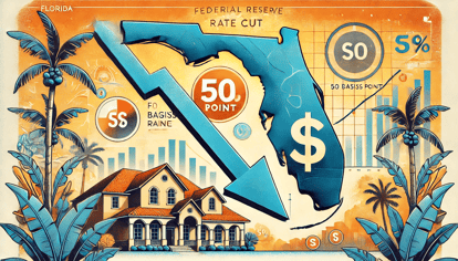 Illustration showing the impact of the Federal Reserve's 50 basis point rate cut on Florida homebuyers with a map of Florida and a downward arrow.