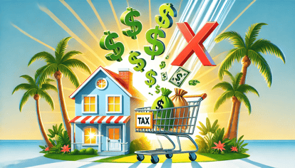 Illustration of a Florida house with dollar symbols flying away, a shopping cart filled with bags of money, and a crossed-out property tax sign, representing the shift from property taxes to a consumption tax under Florida House Bill 1371. Palm trees and a sunny background give the image a bright, Florida-themed atmosphere.