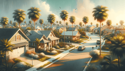 A picturesque Florida neighborhood with affordable homes, palm-lined streets, and clear skies, representing budget-friendly housing options