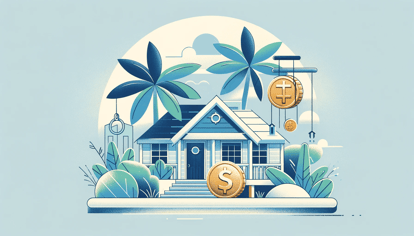 Illustrated image of a house surrounded by coins and palm trees, representing a tropical Florida setting and financial assets. The color palette features soft blues, greens, and golds, evoking a sense of trust, prosperity, and relaxation. The image conveys the concept of asset-based mortgages in a professional and inviting style.