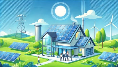 Illustration of a solar-powered home with sleek solar panels on the roof, surrounded by a lush green lawn and bright blue sky, with a happy family standing nearby to represent energy savings and sustainability.